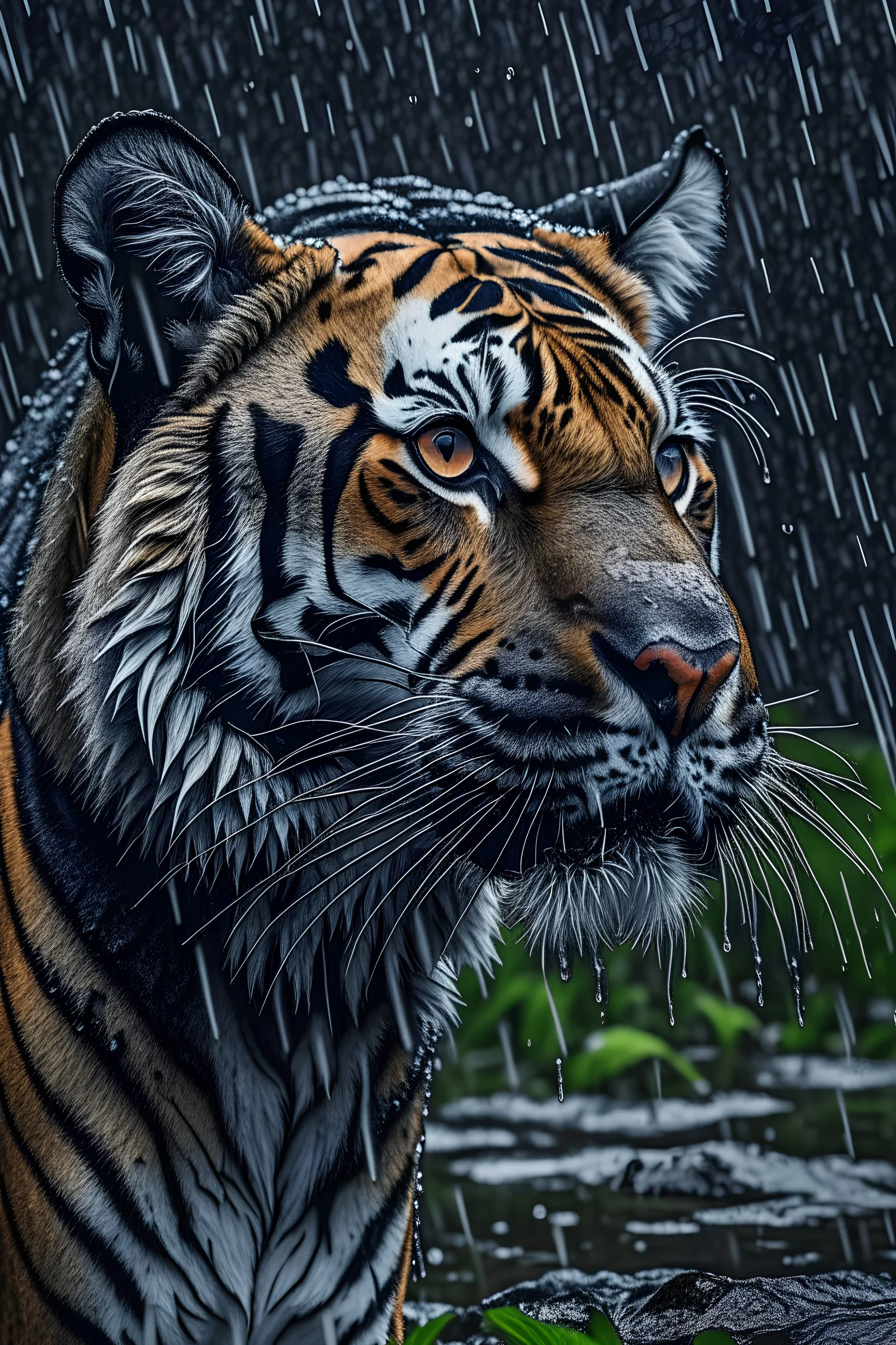 photo raw, 8k uhd, 1990s film still,rainy tiger, overcast, cold, sharp focus, realistic,