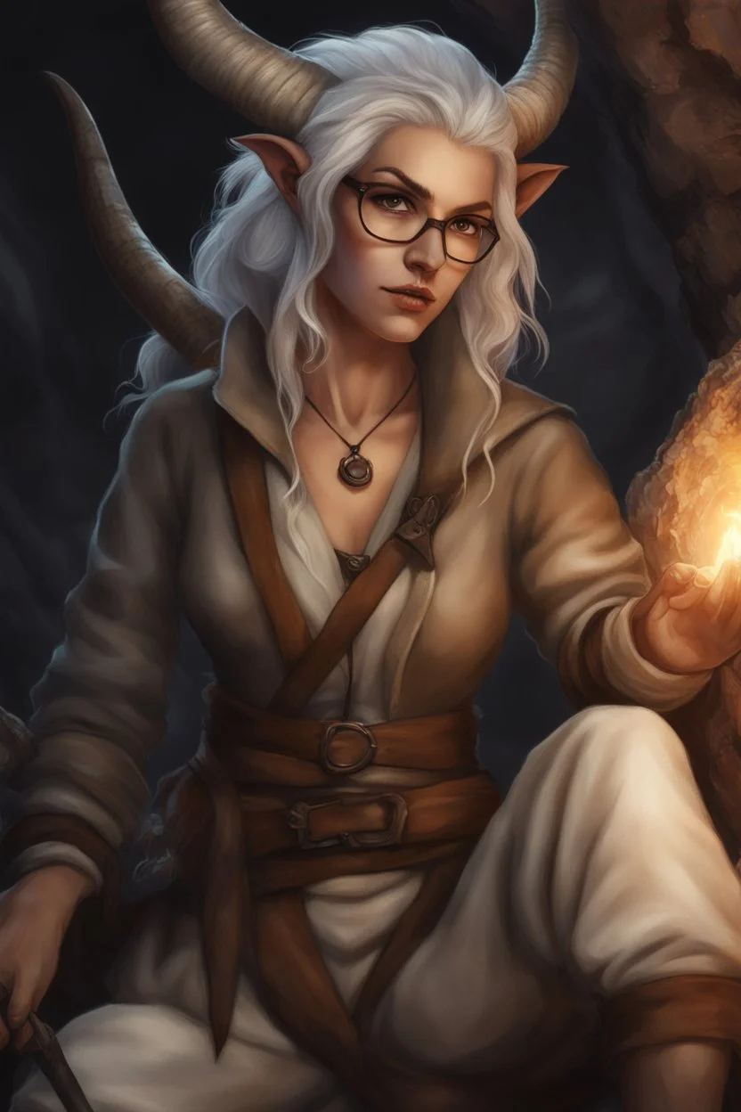 A realistic rendering of a Dnd character with a long tail and small horns in a dark cave. A female Tiefling archeologist with white skin, white hair wearing glasses, in brown adventurer's clothes. Cunning, beautiful, cool.