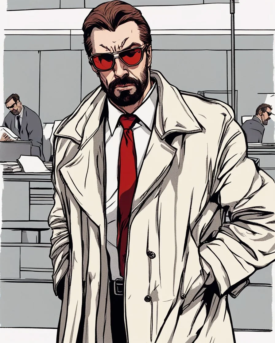 a young man with big muscles who looks like hans gruber wearing a heavy coat and red sunglasses staring with an irritated look on his face