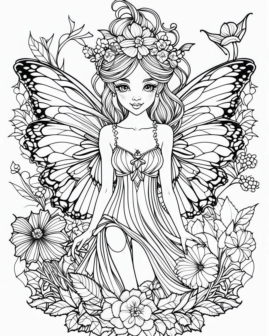 The fairy coloring page cartoon is simple, with bold precise clear lines, no color, white background.