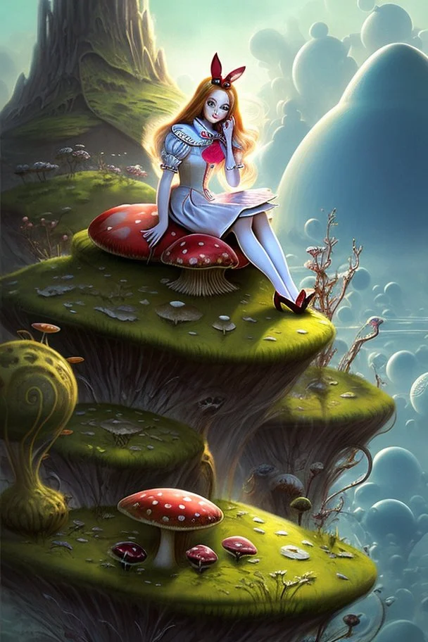 Alice in Wonderland, in a space suit, sitting on a huge mushroom, with tentacles hanging down, in an alien landscape