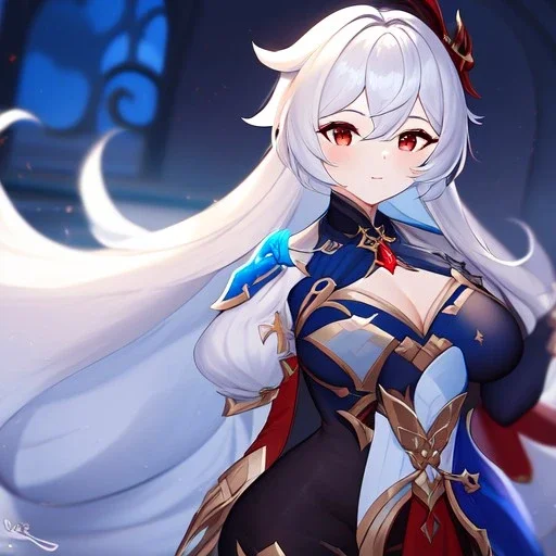 Clear focus,High resolution,High quality, white long fluffy hair, Red eyes, genshin warrior clothing style, curvy,Sumeru Style