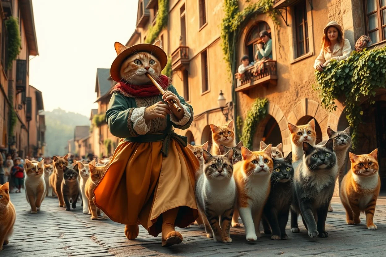 "The Cat Pied Piper of Hamelin, dressed in flowing, colorful Renaissance garments, playing a magical flute, followed by a majestic parade of cats in all sizes and colors, walking in perfect harmony along old cobblestone streets, Renaissance buildings with ivy, curious townsfolk leaning out of balconies with astonished faces, golden-hour lighting, high fantasy, highly detailed, 8K, hyper-realistic, magical realism --v 7 --ar 21:9 --style raw --q 2"