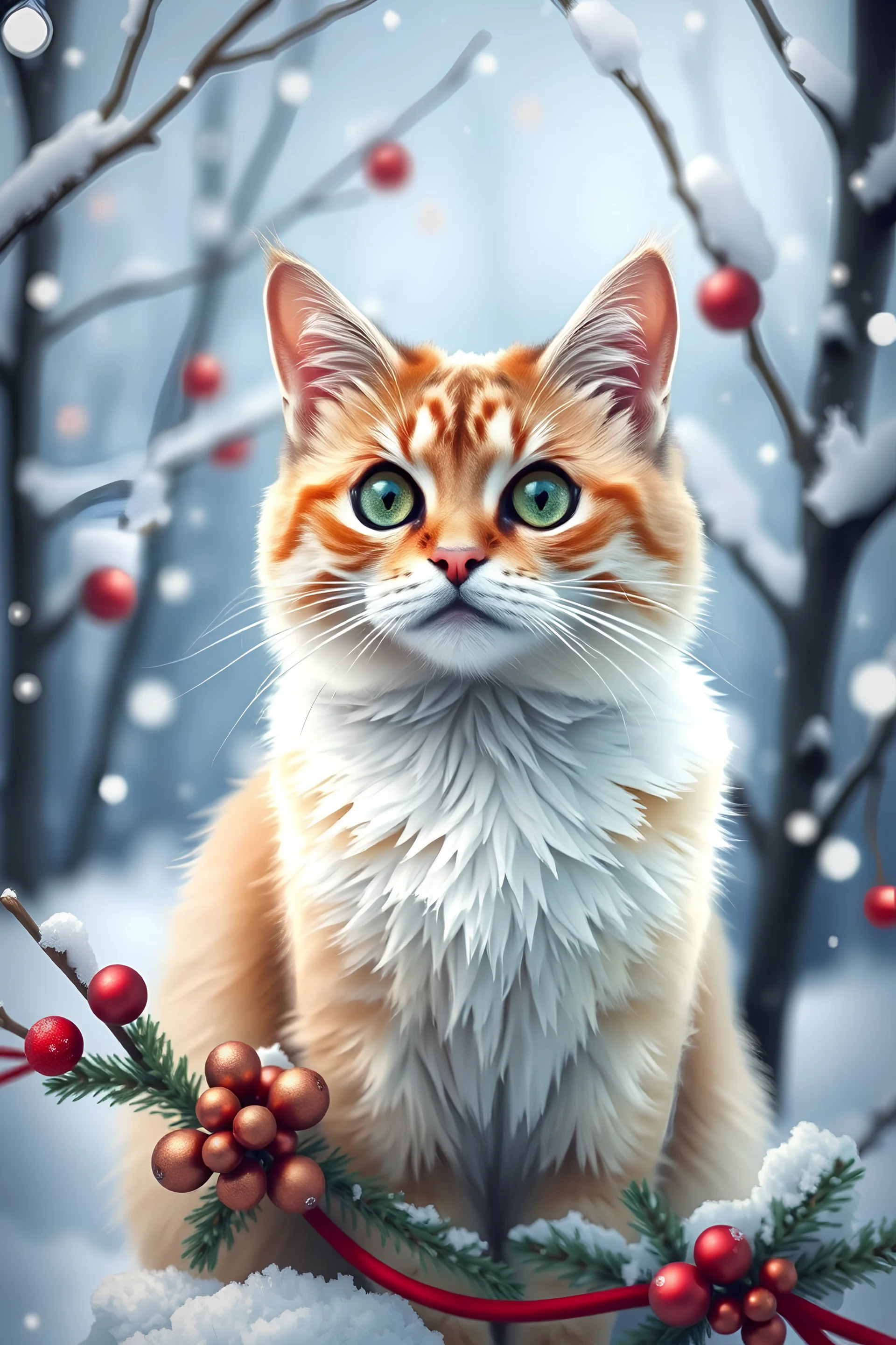 "Russian Cat in Winter Wonderland": Create a seasonal image featuring a Russian cat in a snowy or festive setting.