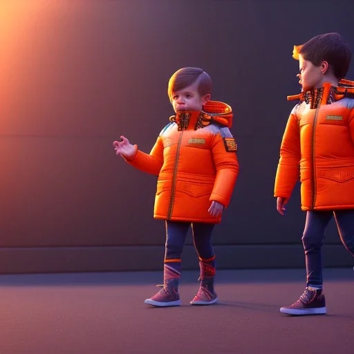 3d render, Willem dafoe toddler, full body, orange puffer jacket, dramatic lighting, volumetric lighting, concert background, hyper realistic, unreal engine 5, 8k, UHD,