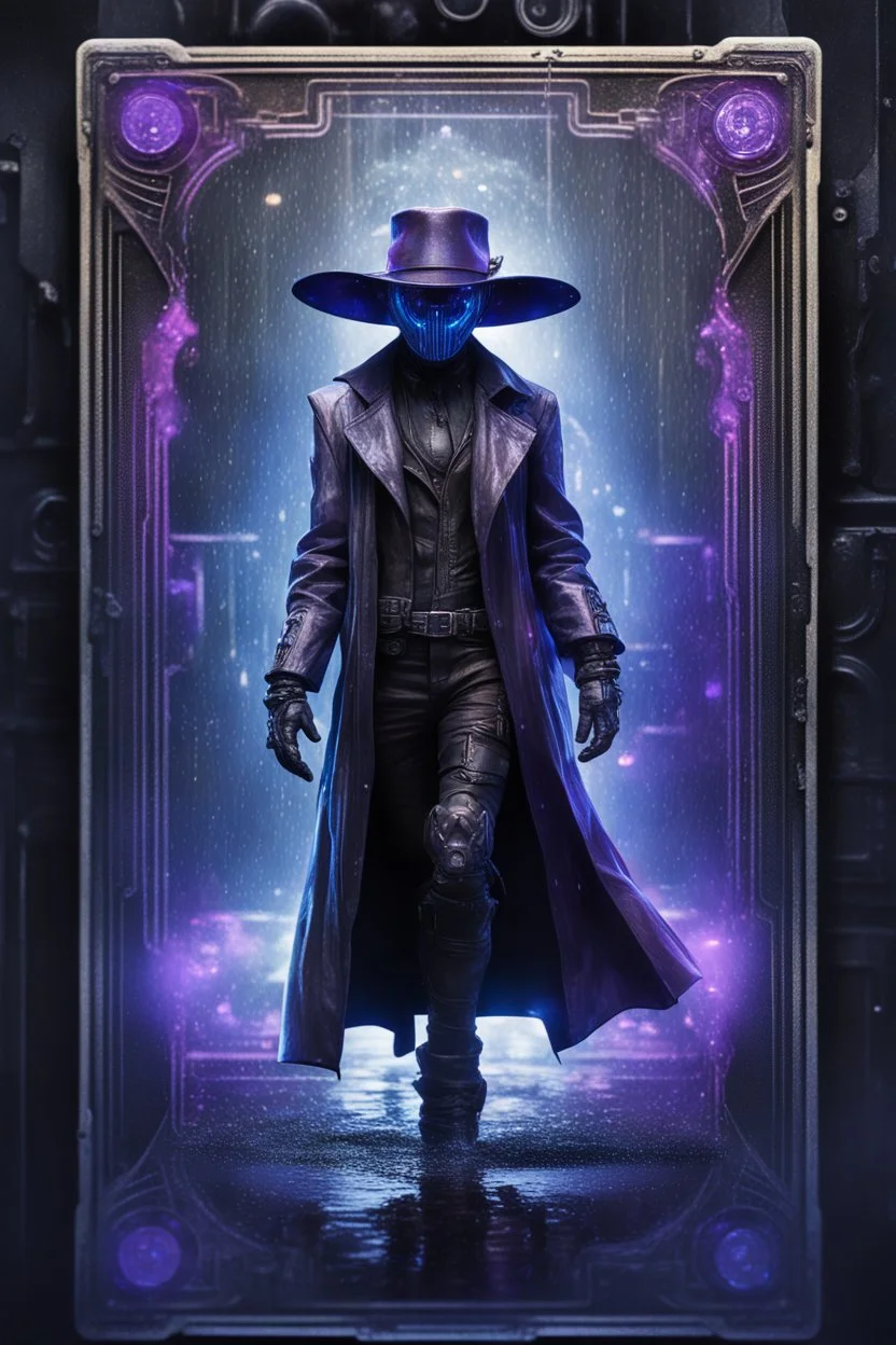 sacred geometry framed playing card, black, blue and purple noen cyber punk dancer thief in soaked rain coat and cowboy hat shadows boss card in the style of Giger and fallout 4 ,,bokeh like f/0.8, tilt-shift lens 8k, high detail, smooth render, down-light, unreal engine