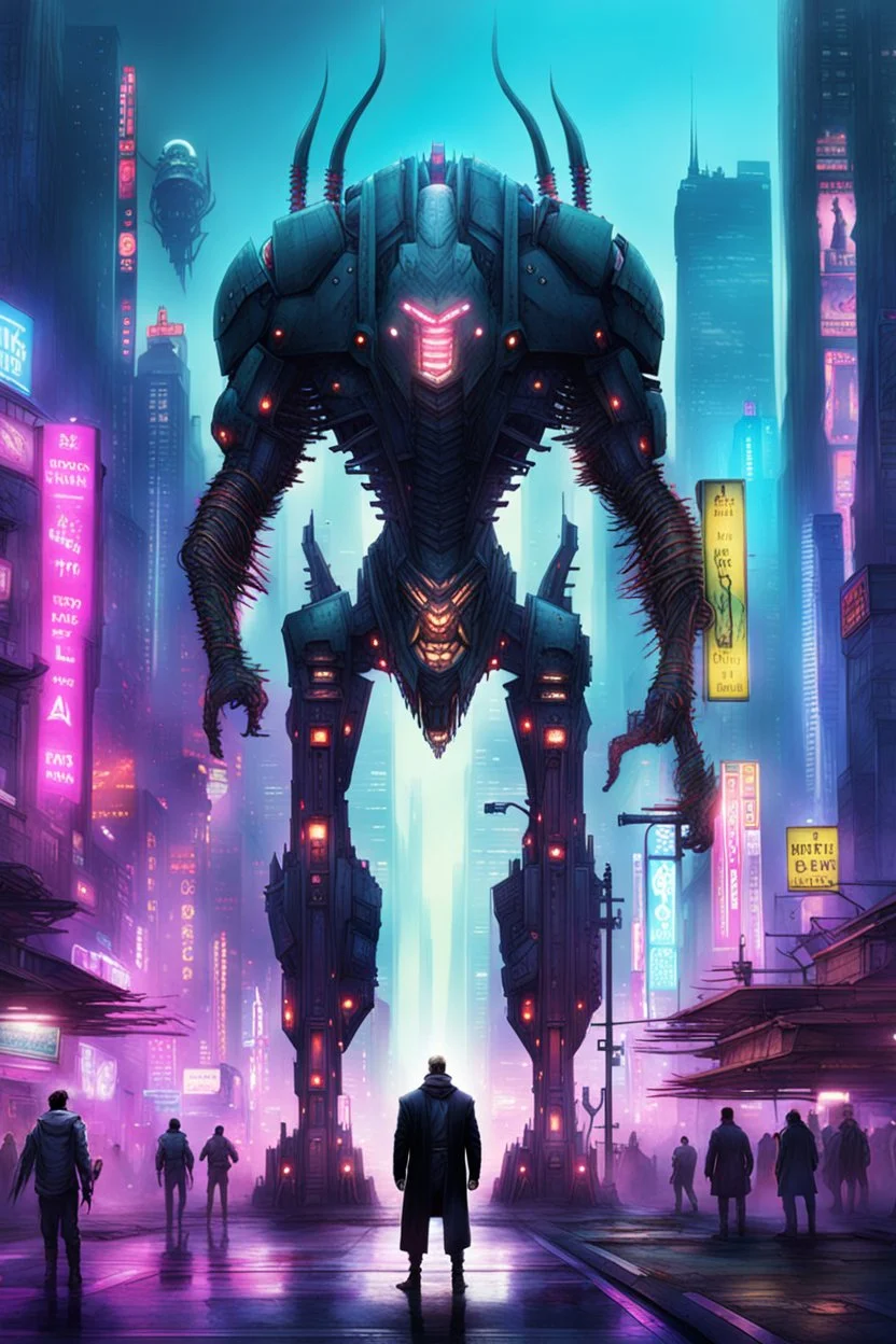 cities of the future cyberpunk in the monster stands on its hind legs