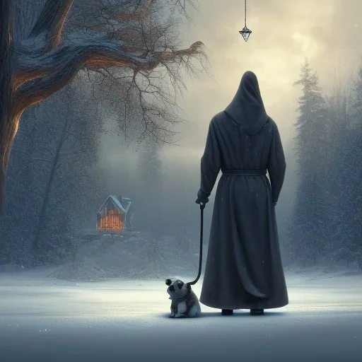 robed Grim Reaper behind sad, abandoned, dog chained to a tree, house in distance, winter, loneliness, 8k resolution, high-quality, fine-detail, iridescent, intricate, digital art, detailed matte, volumetric lighting, illustration, 3D octane render, by Jenny Jinya, Loving Reaper,