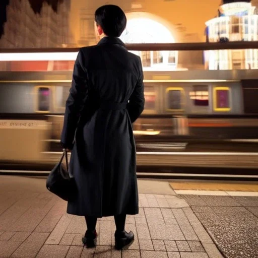 A beautiful slender older Asian woman with short black hair and a black trench coat, waiting for a man at night at a train station in London