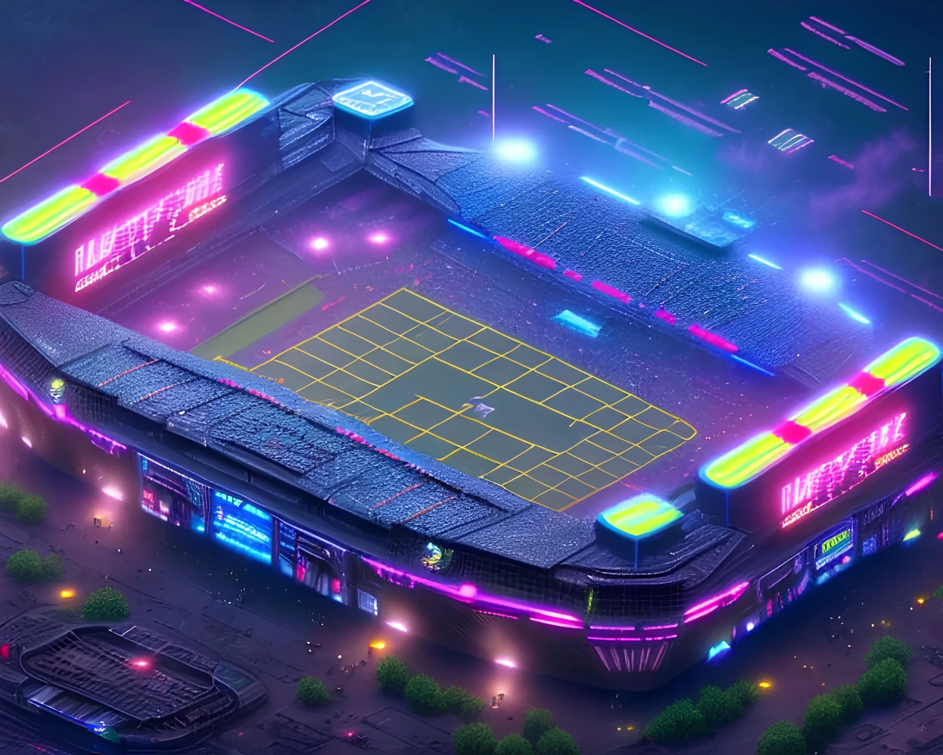 cyberpunk football stadium, cyberpunk, full body, realistic, intricately detailed, neon lighting, vivid colors, neon, futuristic, 64k