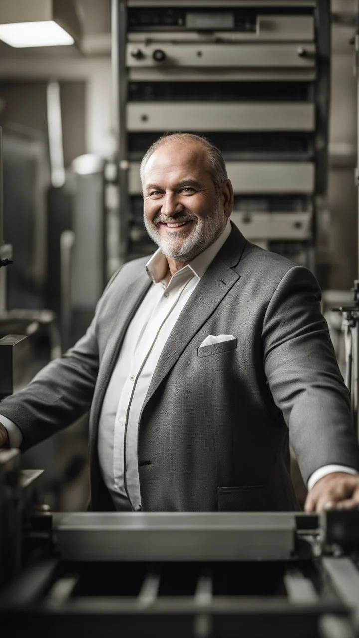 italian strong massive smiling big chubby 50 year old man in smart gray suit, manly chest, unbuttoned shirt, short beard, shirtless, printer in an old printing house, next to a huge old printer, dim light, side light, ambient occlusion