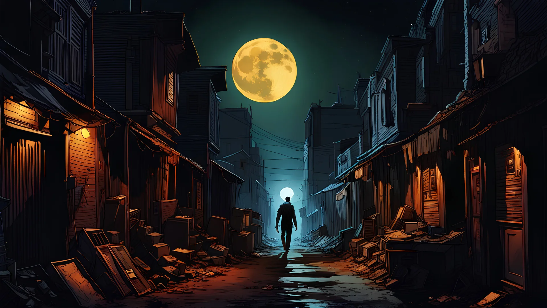 A decaying, gaunt, shuffling zombie walks down a long, cluttered alley in a dark city at night under a large, amber moon, cel-shaded, hyperrealistic, ultra-detailed digital illustration, deep, dark colors, color sketches, horror art, moody, atmospheric, claustrophobic, sharp focus, liminal spaces, illuminated.