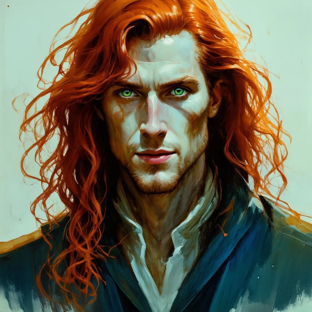 dnd, fantasy, watercolour, stylistic, portrait, illustration, dull colours, male, face, narrow long face, weathered face, green eyes, determined, happy, red hair, very long hair streaming down the shoulders, radiating light, five o'clock shadow, softer facial features, dignified