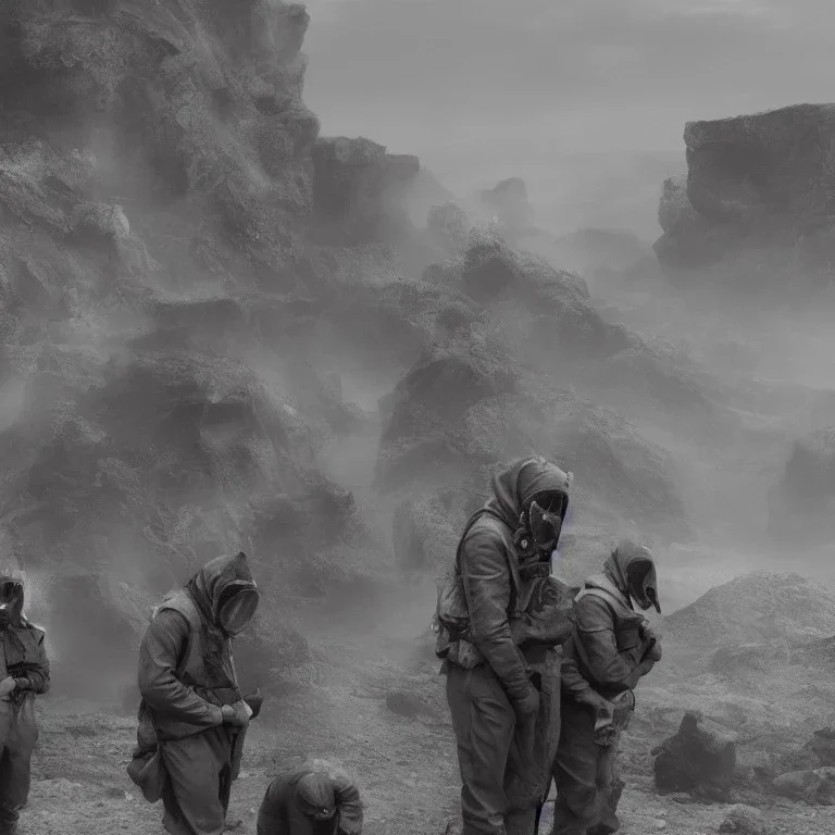 3 hommes en costume gris, masque à gaz, 4k, réaliste, paysage dévasté en fond