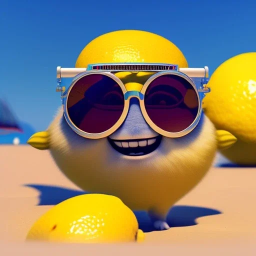 lemon wearing sunglasses, relaxing on the beach, pixar movie still, 3d, realistic render, hyperdetailed