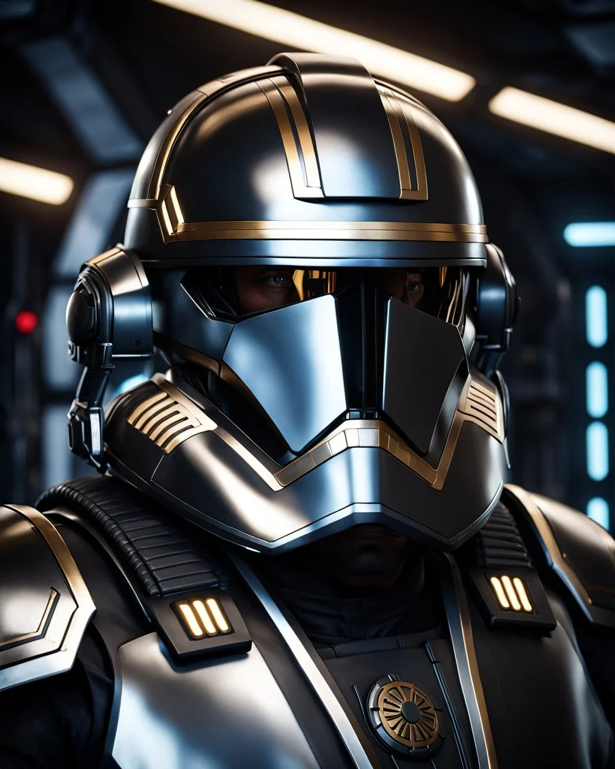 star wars bald male corellian pilot wearing pearlescent black and gunmetal grey First Order special forces heavy assault stealth commando armor and helmet with gold trim inside the jedi temple, hyperdetailed, dynamic lighting, hyperdetailed background, 8k resolution, volumetric lighting, light skin, fully symmetric details