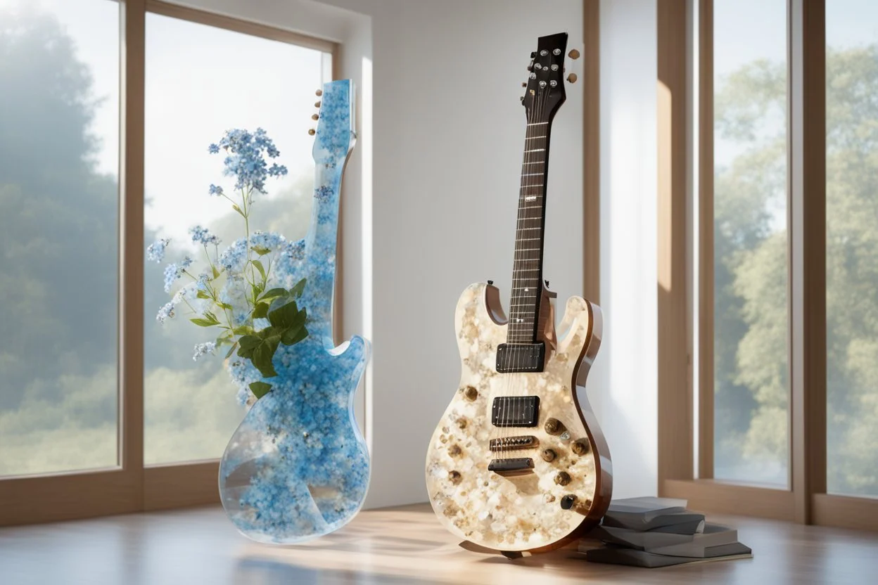 A lovely clear transparent resin guitar with forget-me-not design in a modern room in sunshine