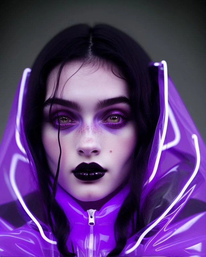 Picture by koson ohara and marta bevacqua, portrait of a beautiful goth woman with long black hair, wearing a plastic raincoat, purple neon lighting, 8k, high quality, highly detailed