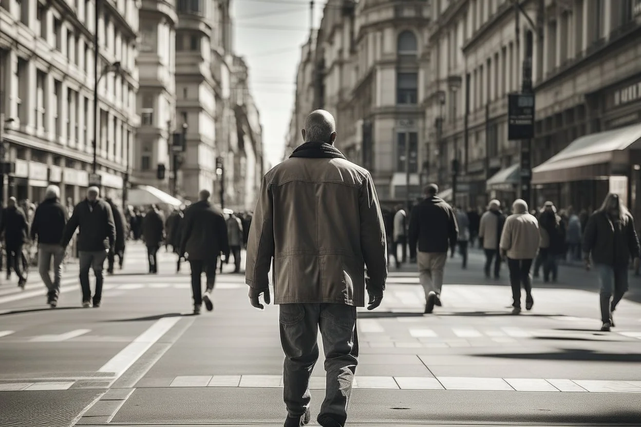 hombre caminando por el centro de una ciudad en pleno bullicio