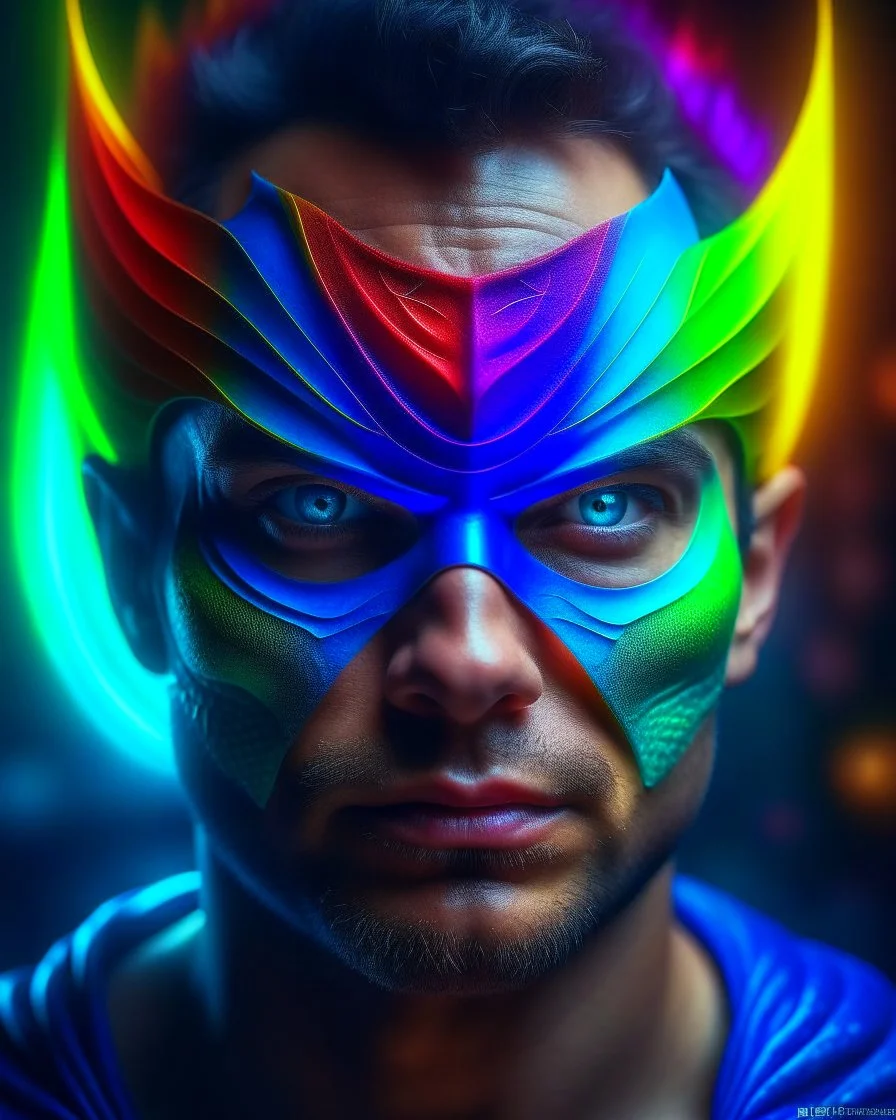 ultra realistic photo portrait of superhero man with stylized dragon mask over his eyes and forehead cosmic energy, colorful, painting burst, beautiful symmetrical face, nonchalant kind look, realistic round eyes, tone mapped, intricate, elegant, highly detailed, digital painting, artstation, concept art, smooth, sharp focus, illustration, dreamy magical atmosphere