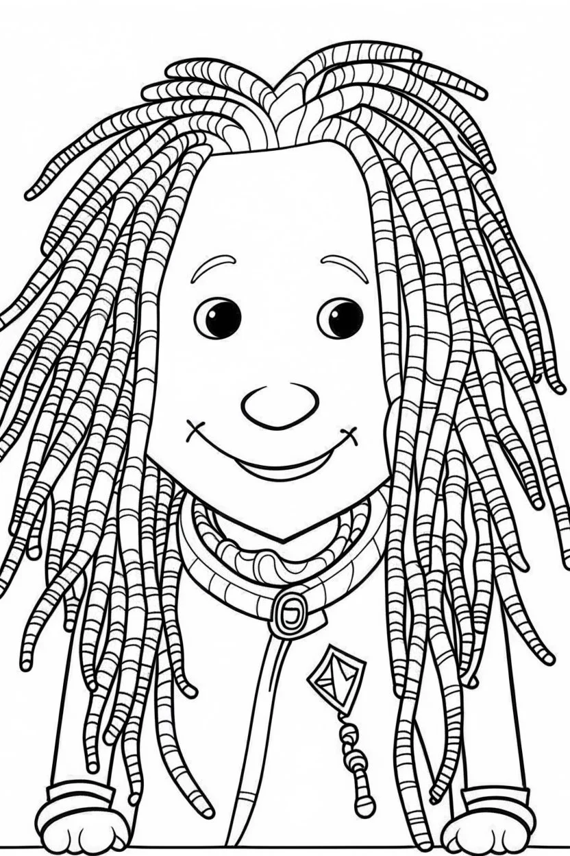 Coloring page for toodlers, with a cute rastaman, very Bold outlines and white background, minimal number of elements, very simple, very thick outlines