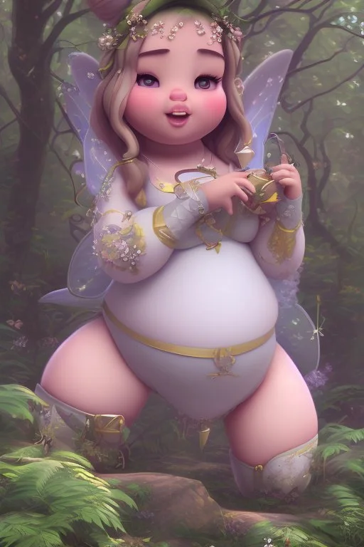 Fat and chubby but cute fairy in Forrest background. Style should be like the movie " up"