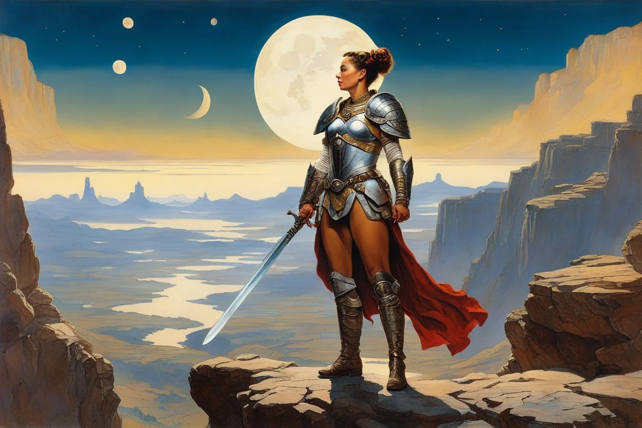 [art by Norman Rockwell] A muscular female warrior in ornate armor, wielding a sword, stands on a rocky cliff overlooking a vast, alien landscape with two moons in the sky. A fierce tarn flies overhead