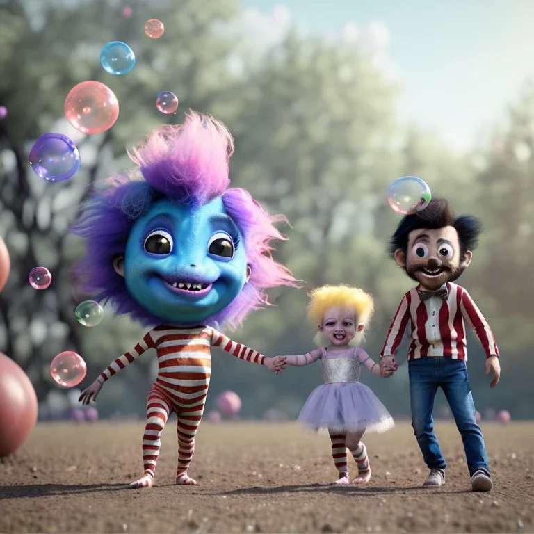 Ultra realistic circus scene. Sweet hair monster and Child’s playing, smile, happy, color bubbles, smooth color, waist up view, Wes Anderson style, dark ambient, highly detailed, concept art, unreal engine 5, god rays, ray tracing, RTX, lumen lighting, ultra detail, volumetric lighting, 3d, finely drawn, high definition, high resolution.