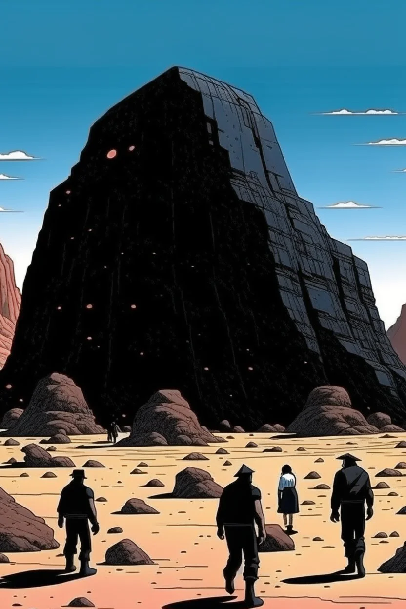 giant black rock in the desert with small people around n the style of Hiroshi Nagai