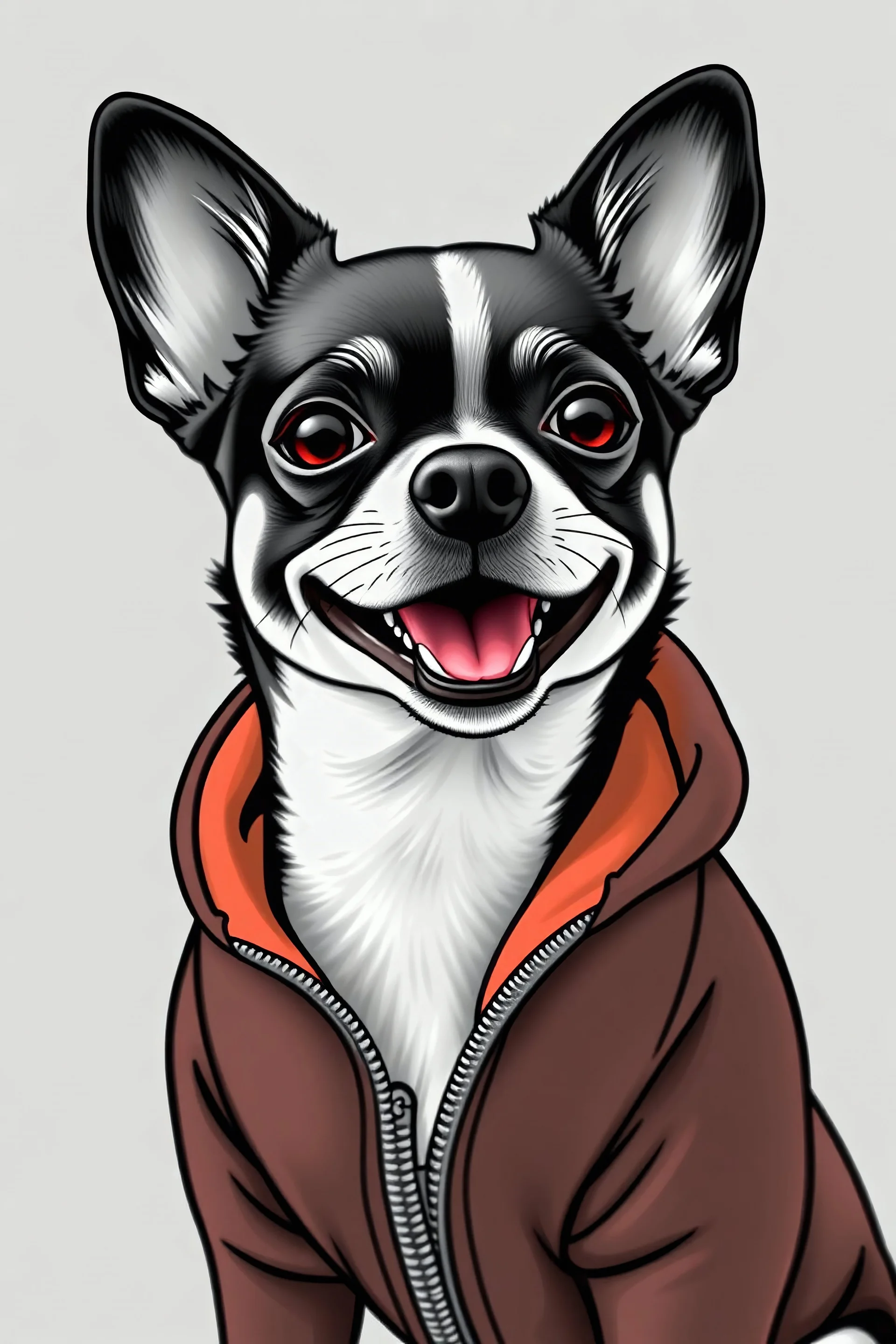 Need to draw a smiling dog breed chihuahua black and white color. In a jumpsuit. High quality image in 8k.