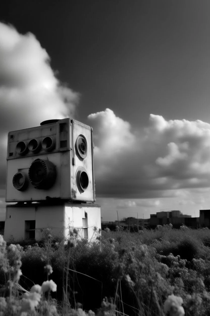 landscape ,Photo with an old analog camera. Black and white. Part of a strange dream. white clouds wide plain The big building between them. like pink floyd pigs land scape from a weird dream captured with the first model of dreamrecorder by gnom industries inc