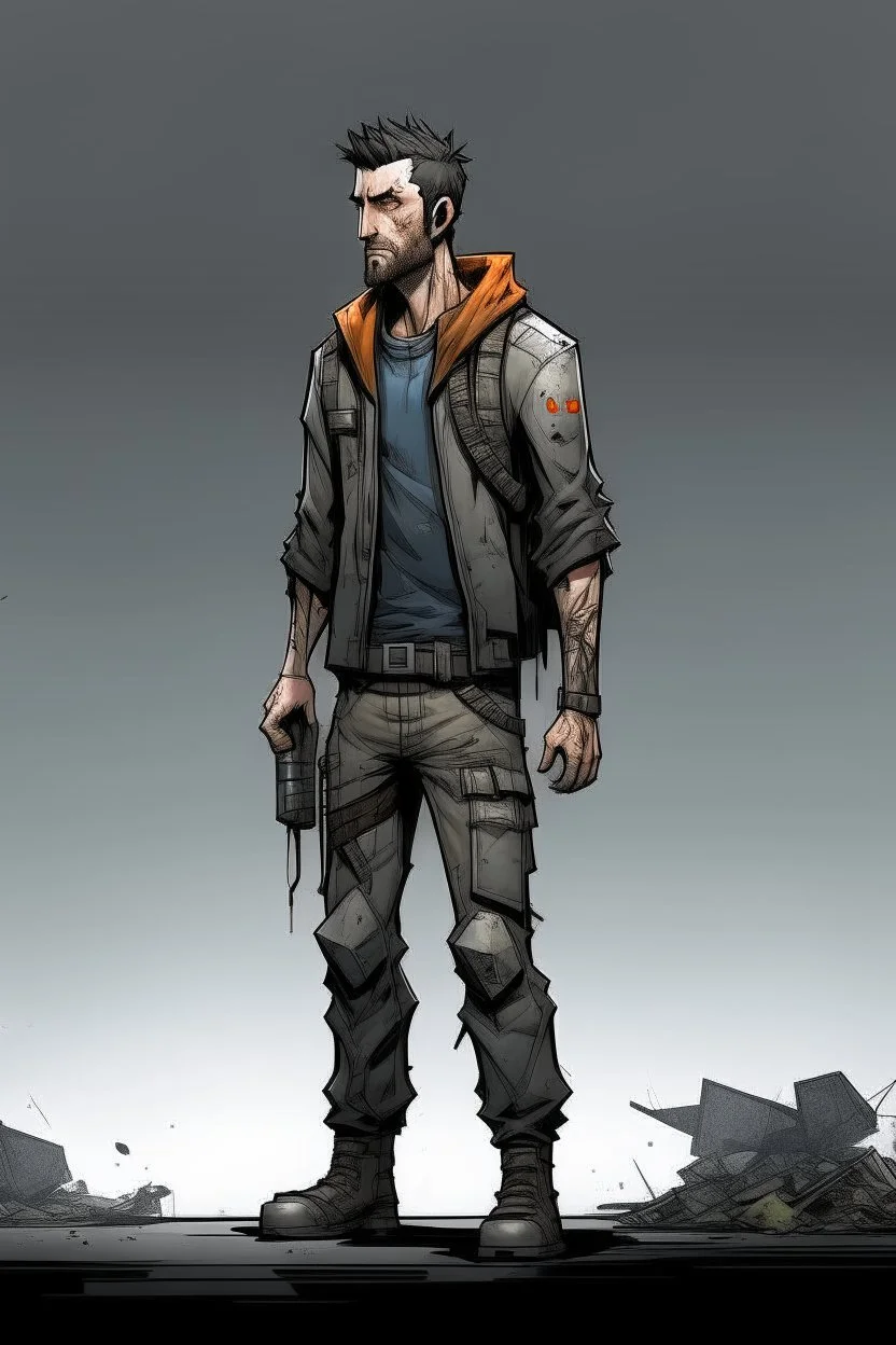 man, , full body, looking serious, comic book, post-apocalypse, grey background