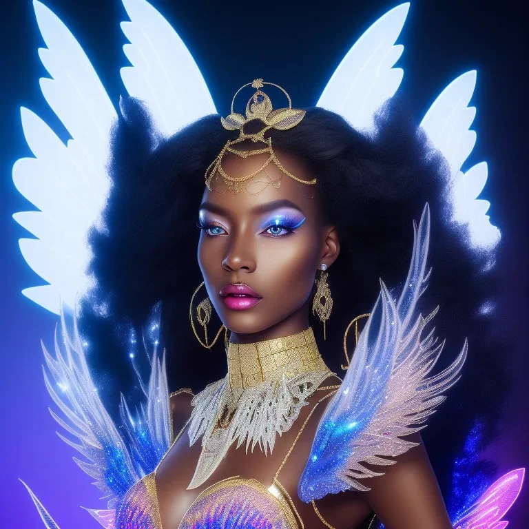 full body shot, masterpiece, best quality, black skinned, sparkling eyes, long hair, gorgeous African Fairy queen,wings,fluorescent skin,light blue makeup,sparkly glass diamond transparentsynthwave, light indigo, trasparent , irridescent, highly detailed body, sun light, 4K, RAW, depth of field, high contrast, realistic details, 24mm vaporwave aesthetic, synthwave, artstation, concept art, smooth, extremely sharp detail, finely tuned detail, ultra high definition, 8 k, unreal engine 5, ultra sha