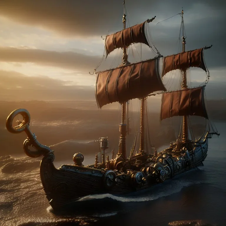 steampunk viking ship, 4k, 8k, highly detailed, cinematic, ultra photorealistic, ultra realistic, volumetric lighting