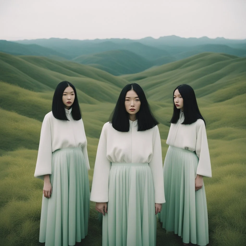 a group of women standing on top of a lush green hillside, inspired by Ren Hang, design milk, long black hair, whites, wanderers traveling from afar, trending on artisation, cloning spell, coat pleats, in twin peaks, submarine, by Helen Thomas Dranga, symetry, round-cropped, noire photo