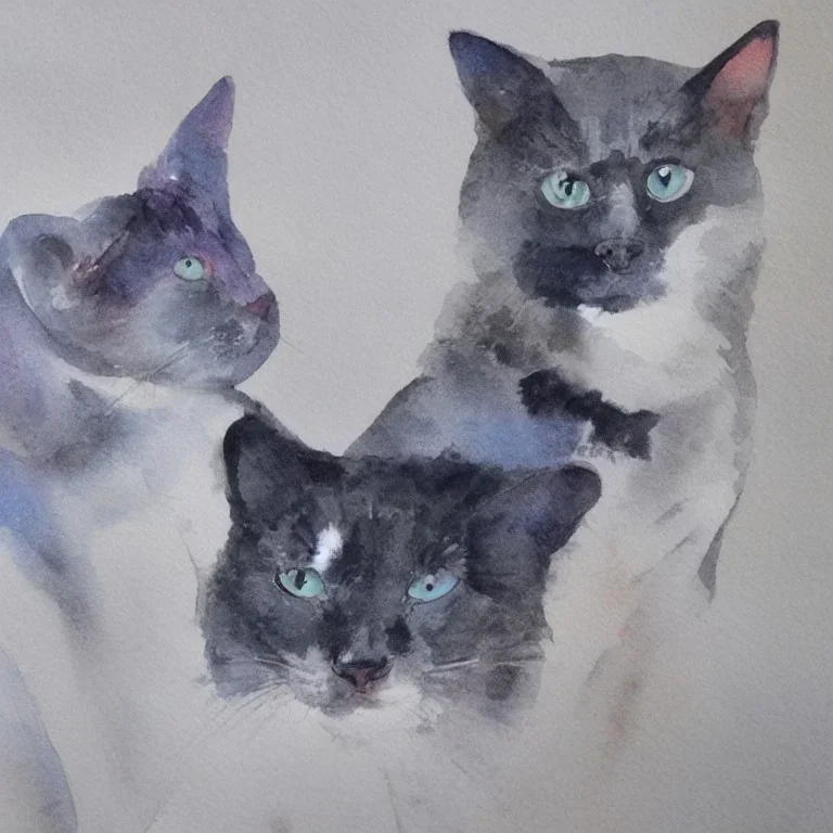 Pintura en acuarelas de un gato gris con un perro negro