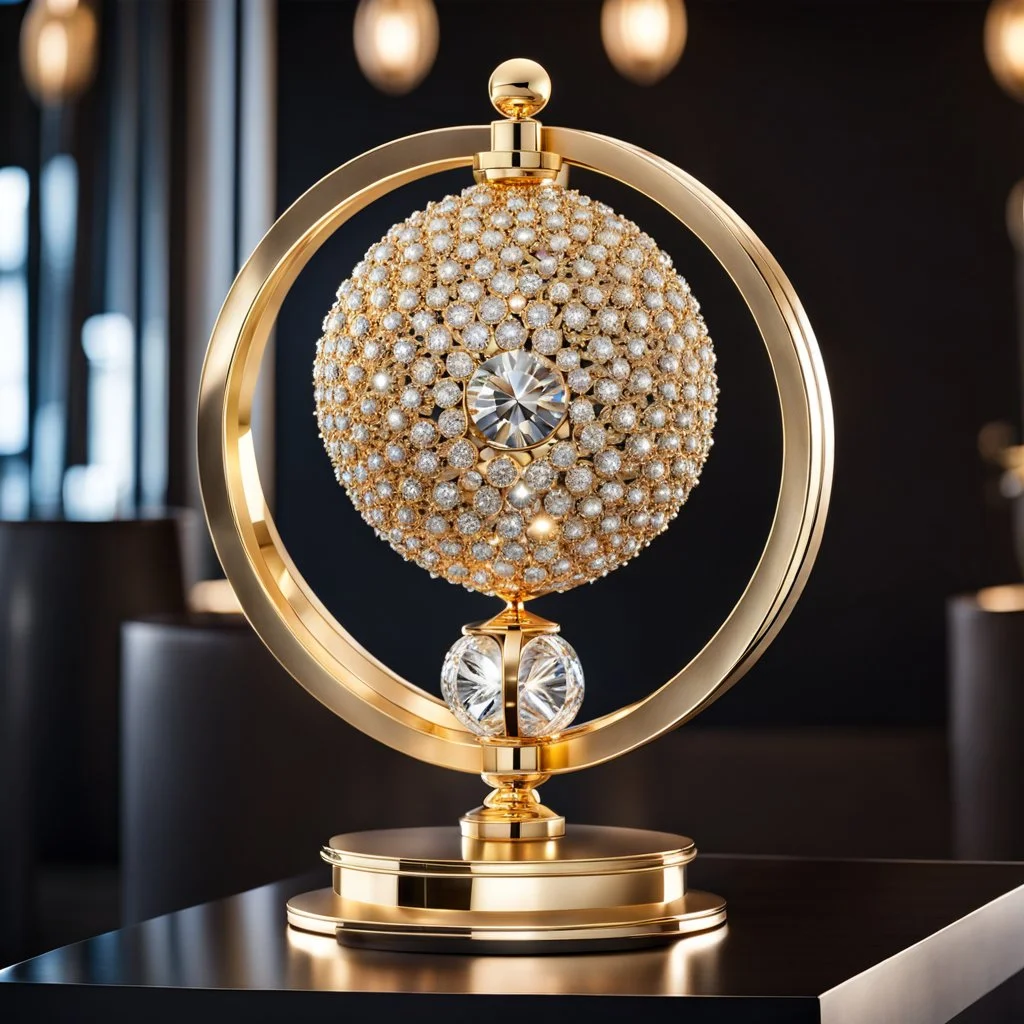 A magnificent golden and silver heart-shaped sign adorned with a stunning golden sphere encrusted with sparkling diamond clusters at its center, elegantly spinning in position.