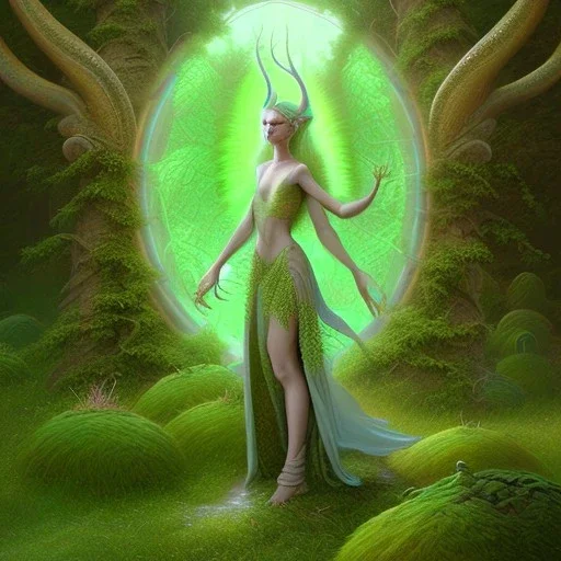 spray painting fantasy art, portrait elven angel with green clothes standing in portal to wet forest world from desert world with camels,poetry book illustration