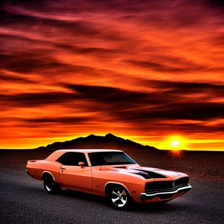 muscle car, desert road, sunset, full colour,