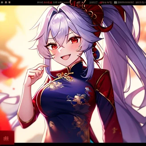 Clear focus, 8k, high quality, detailed, beautiful lighting, girl, vibrant colors, white long hair, vibrant red eyes, messy hair, ponytail, chinese clothes, laughing, angry,