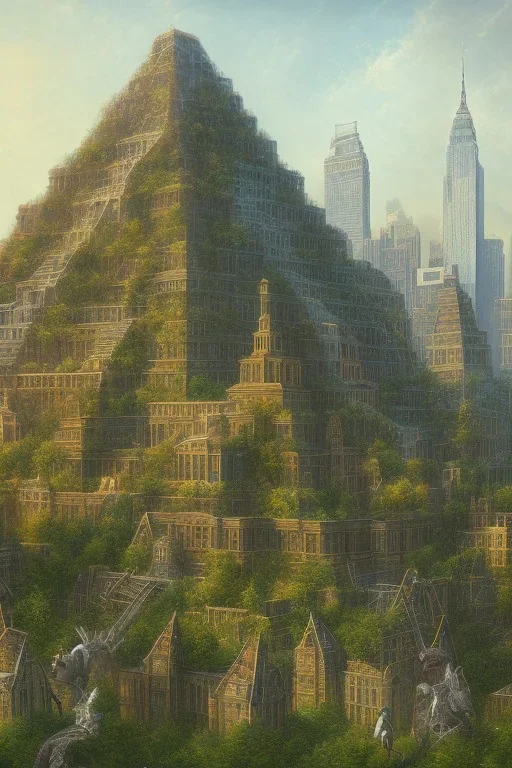 ancient pyramids in overgrown manhattan, crowd