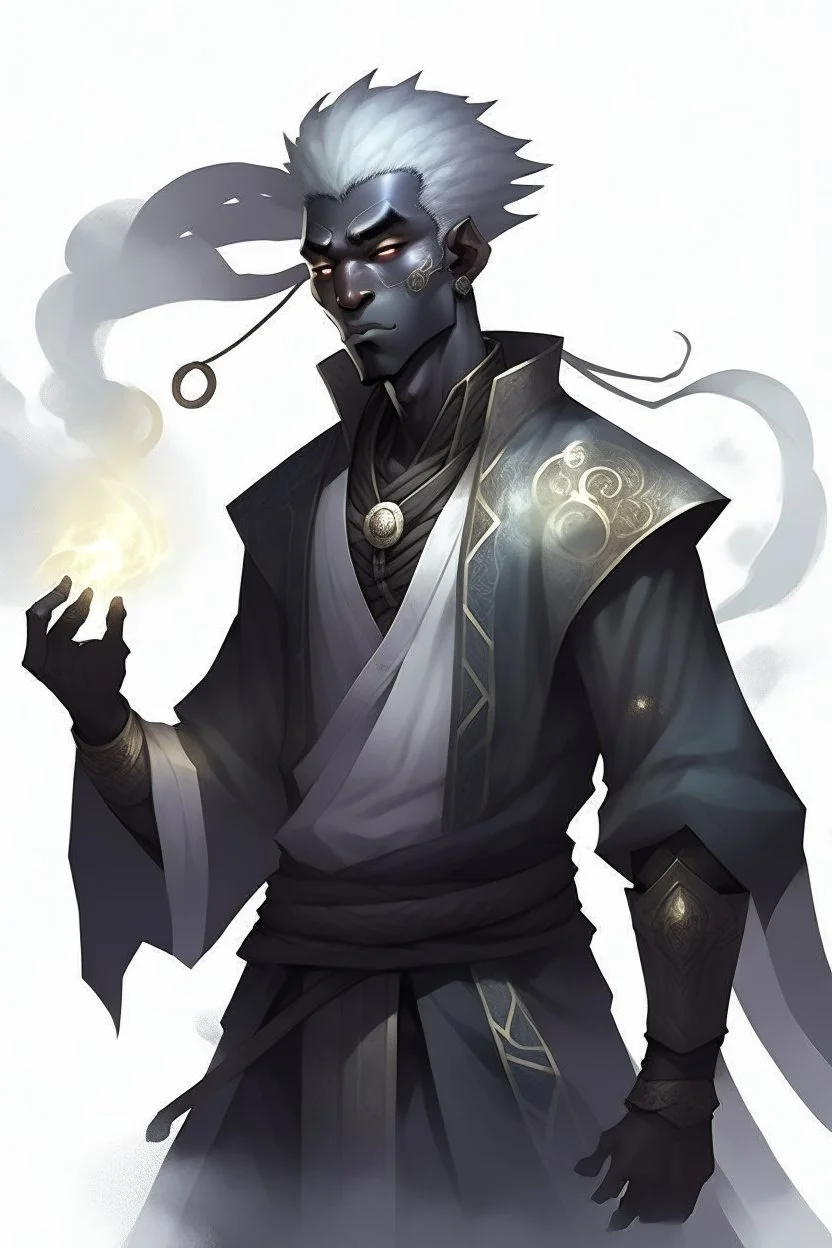 Male Air genasi fra d&d with black skin smoke some hair an Asian skin ghostly appearance with a Smokey undertone