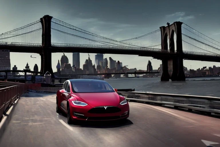 A Tesla's 'Model S' is racing at top speed, on the 'Brooklyn Bridge' in New York. CINEMATIC. WIDE ANGLE LENS. PHOTO REAL.