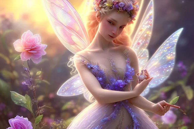 one very little beautiful fairy on a big crystal subtle flower in a galactic ambiance, transparent petals, delicate colors, in the foreground, full of details, smooth, bright sunshine，soft light atmosphere, light effect，vaporwave colorful, concept art, smooth, extremely sharp detail, finely tuned detail, ultra high definition, 8 k, unreal engine 5, ultra sharp focus