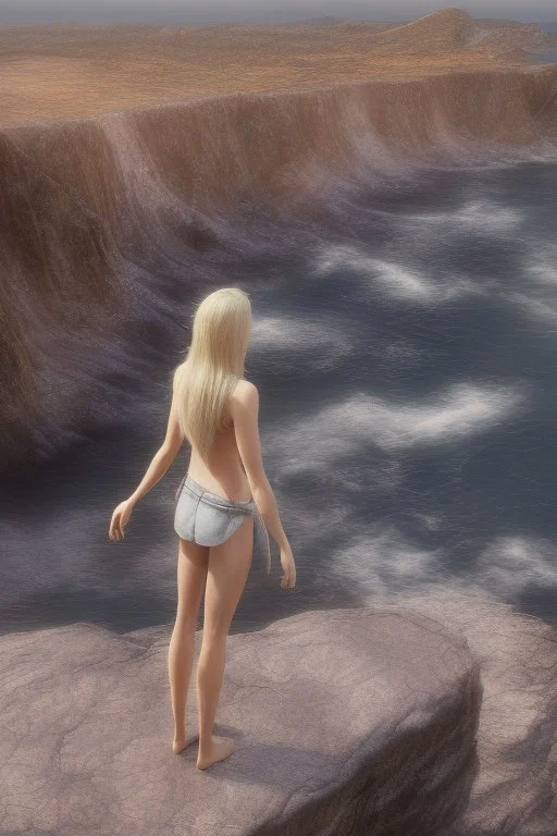 blonde woman standing at the edge of a cliff waves crashing against the rocks below