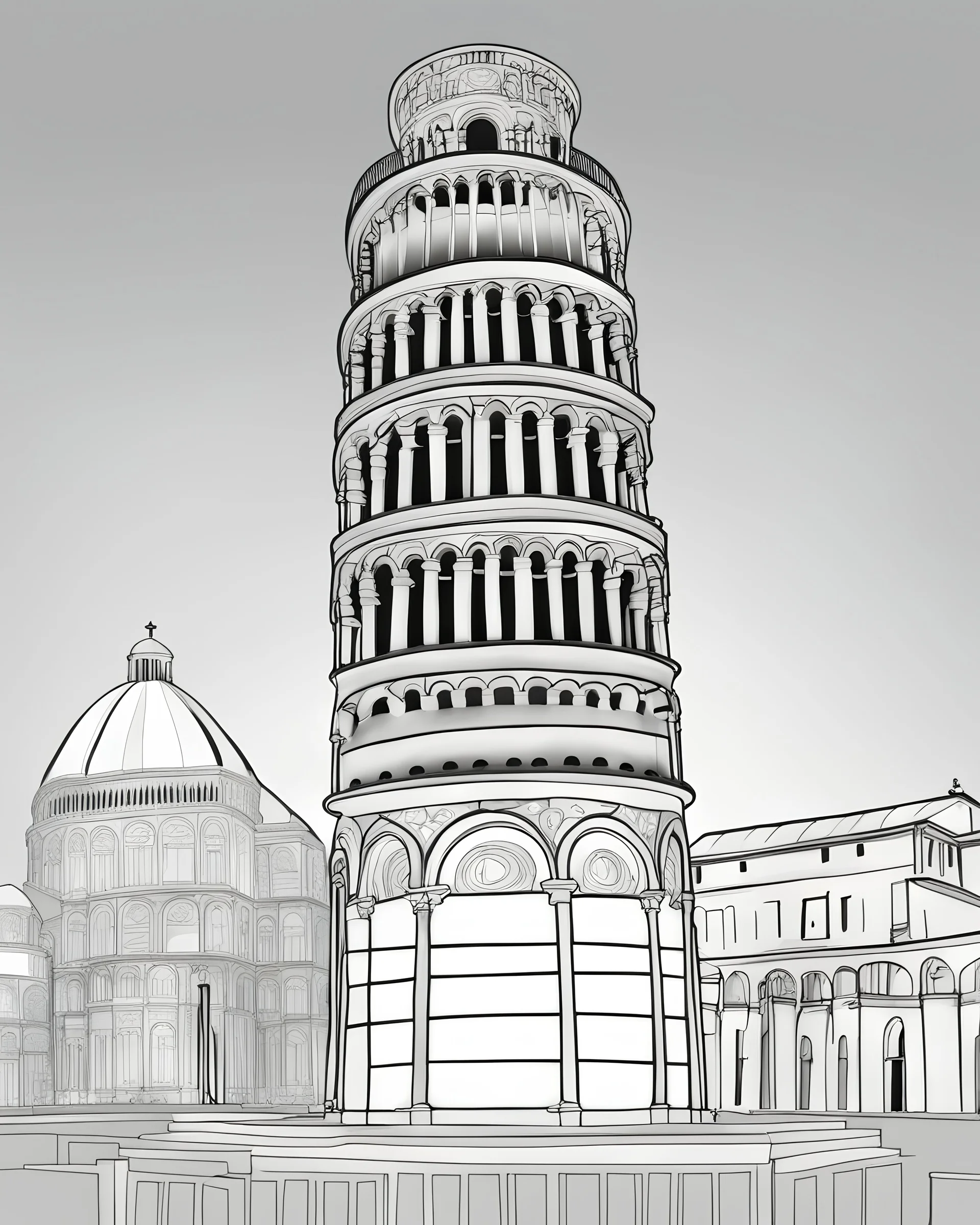 a coloring page, depicting the leaning tower of pisa, black and white, line art, outline, highly defined lines, hand drawn, grayscale