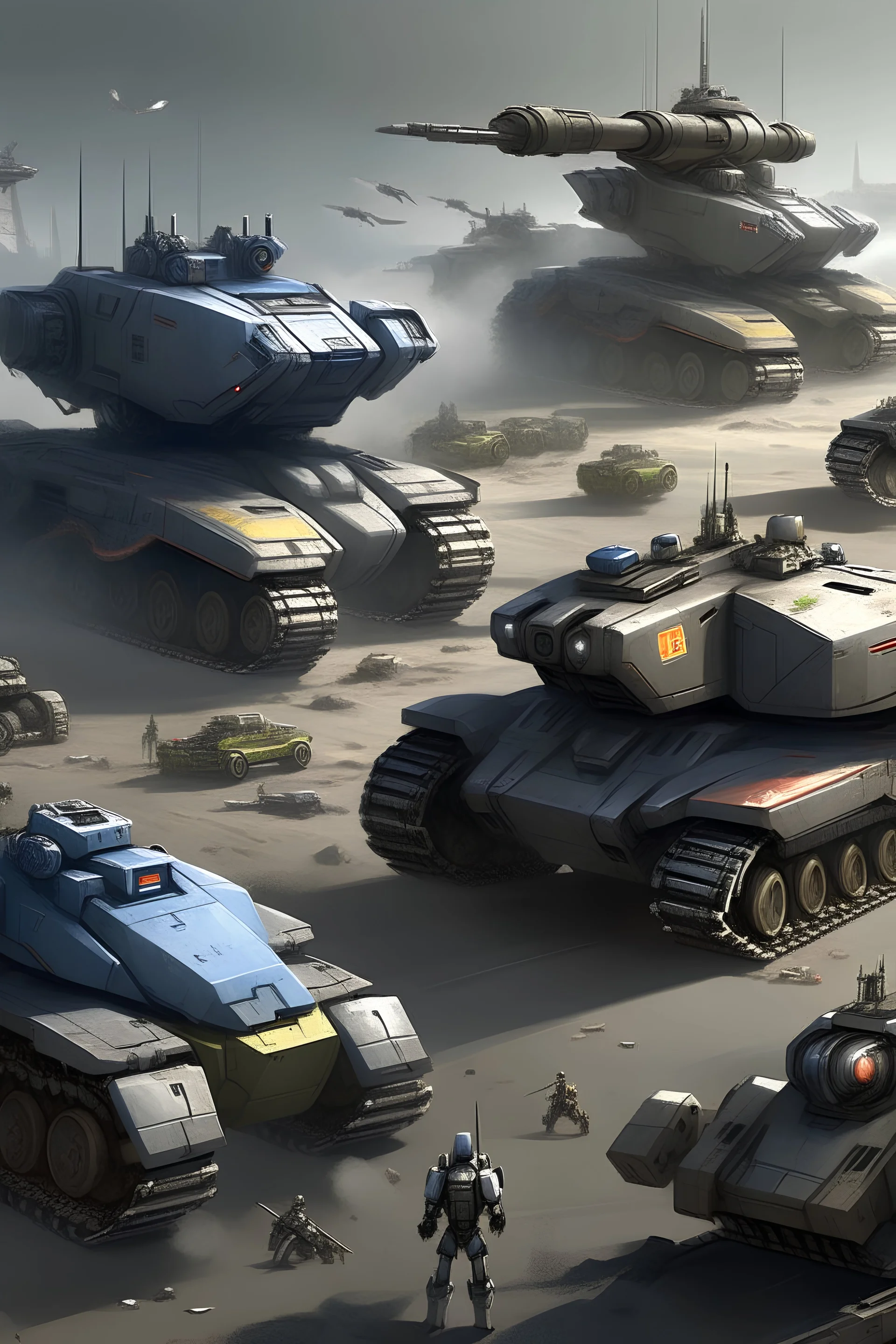 A mixture of tanks and jets, cars and humanoid robots