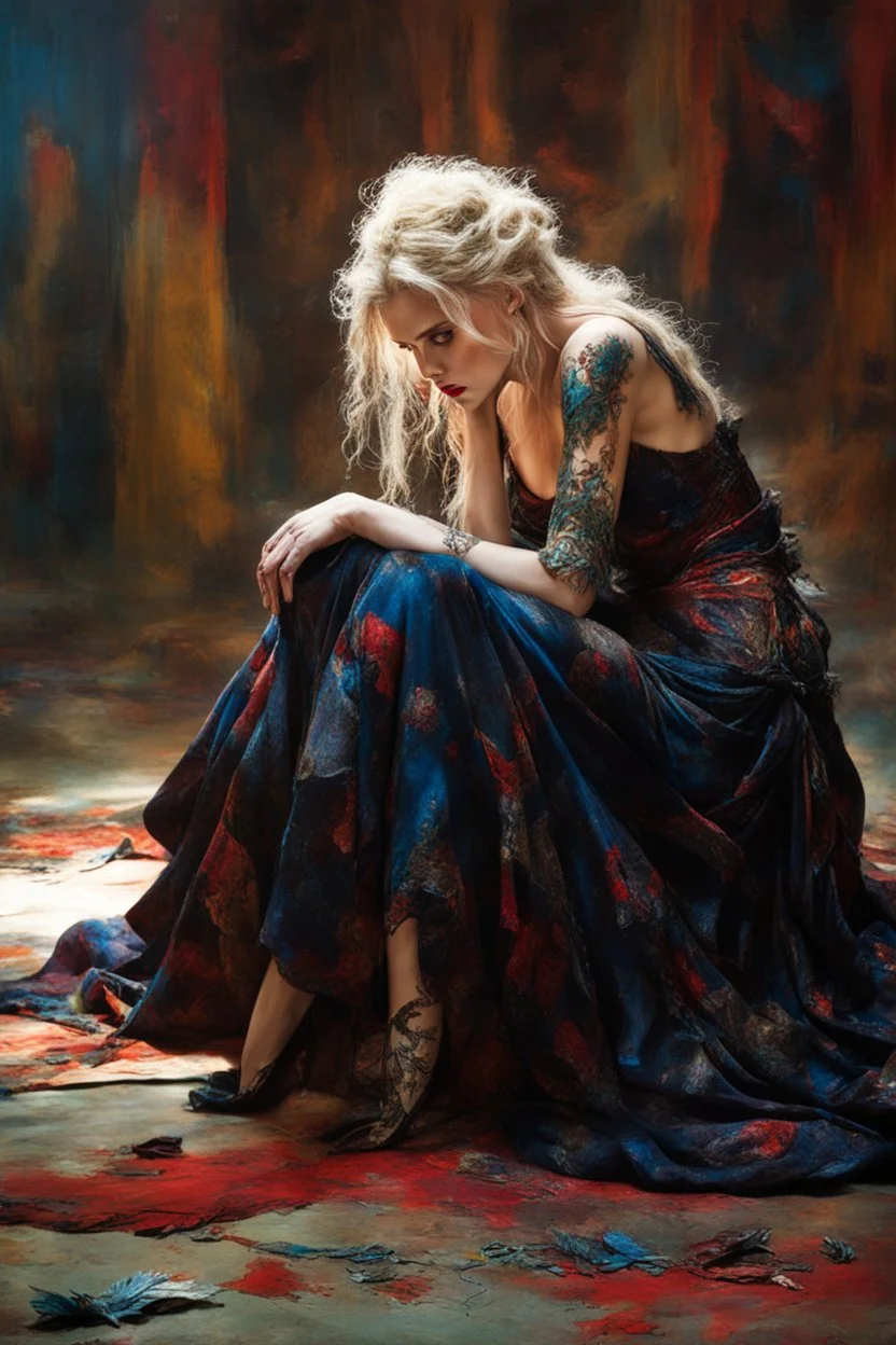 Bound and thrown to the floor, a woman exudes vulnerability in a fantastical setting. Her tattered gown clings to her bruised skin, hair tangled and wild. The scene is depicted in a stunning photo, showcasing intricate details and vivid colors. it captures the desperation and strength in her eyes, making the viewer feel the intensity of her situation. This masterful image blends beauty with turmoil, immersing the audience in a powerful narrative.