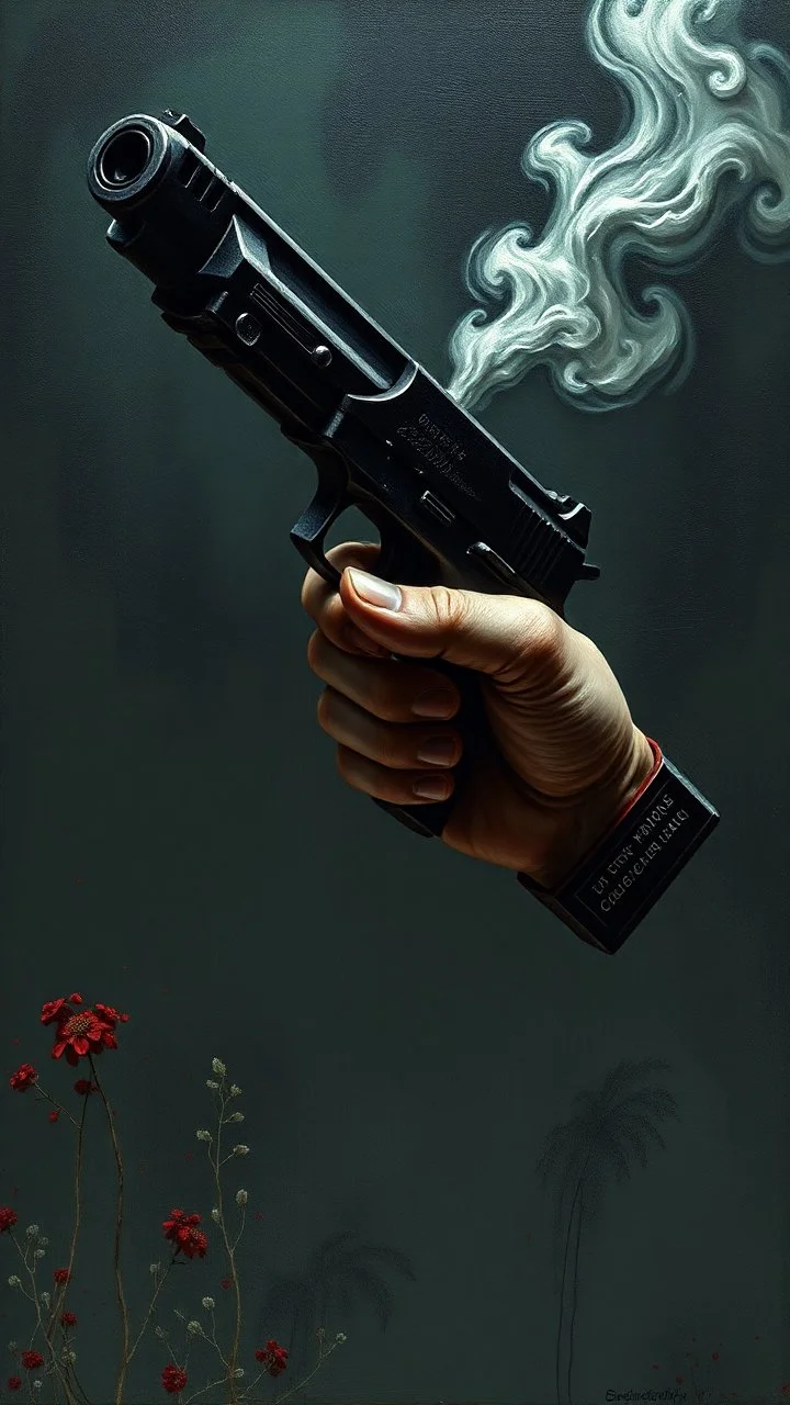 Bosch style painting , A 3D evil hand holding a gun up