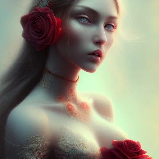 red rose beautiful girl,utra realistic,highly detailed, masterpiece, delicate detailed, sharp focus, insanely detailed, fantasy art, intricate detailed, elegant, fog, Special Lighting, Vibrant, color Scheme, forest, unreal engine 5, trending on artstation